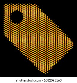 Halftone hexagonal Tag icon. Bright yellow pictogram with honey comb geometric pattern on a black background. Vector mosaic of tag icon composed of hexagon items.
