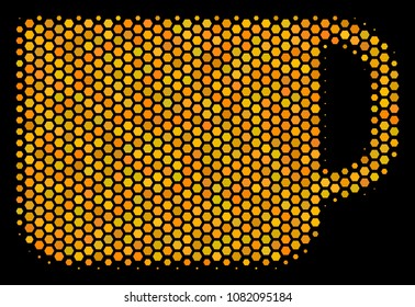 Halftone hexagonal Tea Cup icon. Bright golden pictogram with honey comb geometric pattern on a black background. Vector collage of tea cup icon constructed of hexagon cells.