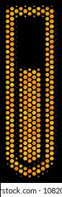 Halftone hexagonal Test Tube icon. Bright yellow pictogram with honeycomb geometric pattern on a black background. Vector mosaic of test tube icon made of hexagonal spots.