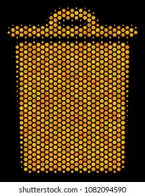 Halftone hexagonal Trash Bin icon. Bright yellow pictogram with honeycomb geometric pattern on a black background. Vector pattern of trash bin icon done of hexagon elements.