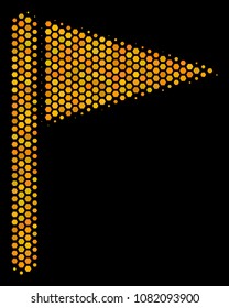 Halftone hexagonal Triangle Flag icon. Bright yellow pictogram with honeycomb geometric structure on a black background. Vector mosaic of triangle flag icon designed of honeycomb spots.