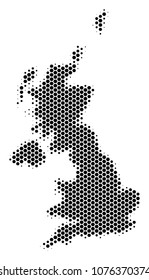 Halftone hexagonal United Kingdom Map. Vector geographic map on a white background. Vector composition of United Kingdom Map organized of hexagon pixels.