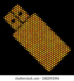 Halftone hexagonal USB Flash Drive icon. Bright gold pictogram with honeycomb geometric pattern on a black background. Vector pattern of usb flash drive icon created of honeycomb pixels.