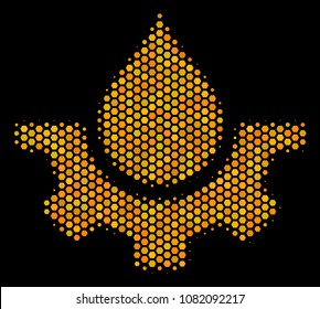 Halftone hexagonal Water Service icon. Bright yellow pictogram with honey comb geometric pattern on a black background. Vector concept of water service icon done of honeycomb dots.