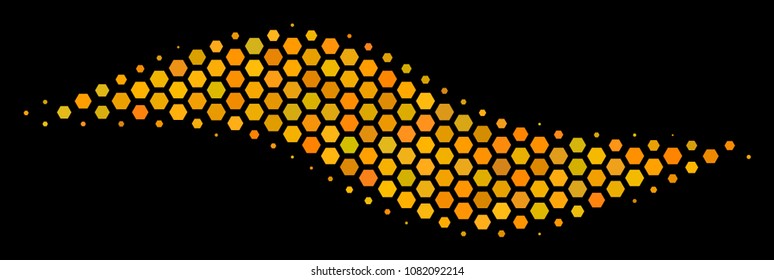 Halftone hexagonal Wave Shape icon. Bright yellow pictogram with honey comb geometric pattern on a black background. Vector pattern of wave shape icon made of hexagonal elements.