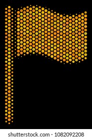 Halftone hexagonal Waving Flag icon. Bright yellow pictogram with honeycomb geometric pattern on a black background. Vector concept of waving flag icon made of hexagonal spots.