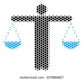 Halftone hexagonal Weight Comparing Person icon. Pictogram on a white background. Vector mosaic of weight comparing person icon done of hexagon pixels.