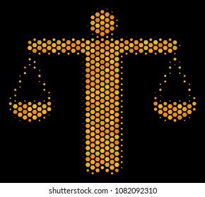 Halftone hexagonal Weight Comparing Person icon. Bright golden pictogram with honey comb geometric pattern on a black background.