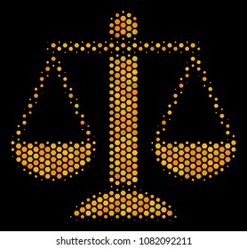 Halftone hexagonal Weight Scales icon. Bright golden pictogram with honeycomb geometric pattern on a black background. Vector collage of weight scales icon created of honeycomb pixels.