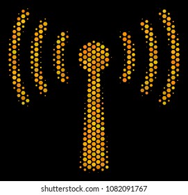 Halftone hexagonal Wi-Fi Station icon. Bright golden pictogram with honey comb geometric pattern on a black background. Vector concept of wi-fi station icon combined of hexagon cells.