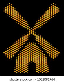 Halftone hexagonal Wind Mill icon. Bright yellow pictogram with honey comb geometric pattern on a black background. Vector collage of wind mill icon designed of hexagon dots.
