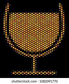 Halftone hexagonal Wine Glass icon. Bright gold pictogram with honey comb geometric pattern on a black background. Vector pattern of wine glass icon constructed of honeycomb blots.