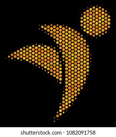 Halftone hexagonal Winged Man icon. Bright golden pictogram with honeycomb geometric structure on a black background. Vector composition of winged man icon constructed of hexagonal pixels.