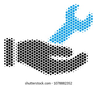 Halftone hexagonal Wrench Service Hand icon. Pictogram on a white background. Vector collage of wrench service hand icon combined of hexagon items.