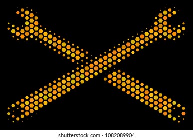 Halftone hexagonal Wrenches icon. Bright gold pictogram with honeycomb geometric structure on a black background. Vector mosaic of wrenches icon designed of hexagonal items.
