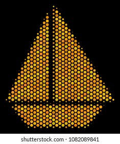 Halftone hexagonal Yacht icon. Bright yellow pictogram with honey comb geometric structure on a black background. Vector mosaic of yacht icon done of hexagon pixels.