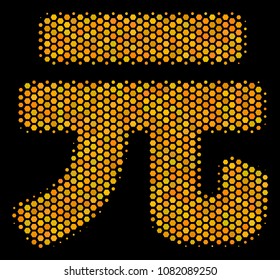 Halftone hexagonal Yuan Renminbi icon. Bright golden pictogram with honey comb geometric pattern on a black background. Vector concept of Yuan Renminbi icon constructed of hexagon pixels.