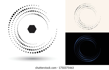 Halftone hexagons in circle form. Round logo or icon. Vector frame as design element. In center is the repeated element.
