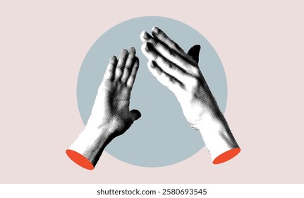 Halftone high five hands gesture. Modern collage. Handshake. Successful agreement. Shaking hands. Applause. Body parts cut out of newspaper. Making a deal with each other