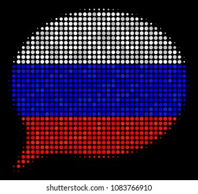Halftone Hint pictogram colored in Russia official flag colors on a dark background. Vector mosaic of hint icon composed with circle elements. Designed for political and Russian patriotic agitprop.