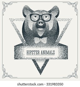 Halftone hipster bear with black Dots. Abstract geometric modern hipster character. Vector illustration.