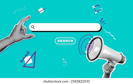 Halftone hiring search. New job free vacancy recruitment advertising banner trendy social media post, hand find recruit employee employment digital agency vector illustration original artwork