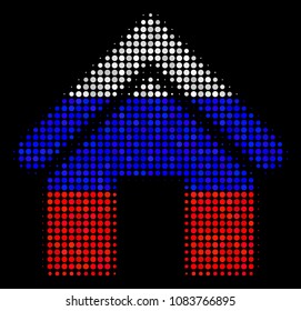 Halftone Home icon colored in Russian state flag colors on a dark background. Vector composition of home icon done from spheric items. Designed for political and Russian patriotic posters.