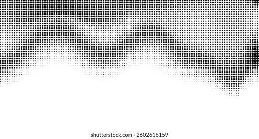 Halftone horizontal background. Black and white fluid halftone pixelated backdrop. Grit dots texture. Halfton dots overlay for posters, cover, banner, poster, presentation