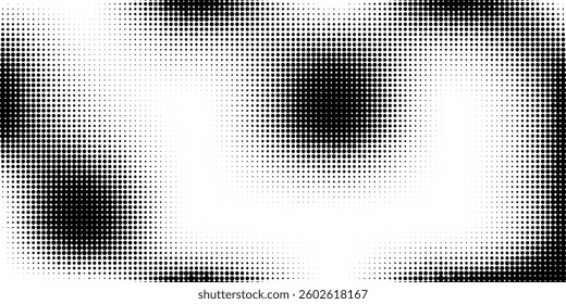 Halftone horizontal background. Black and white fluid halftone pixelated backdrop. Grit dots texture. Halfton dots overlay for posters, cover, banner, poster, presentation