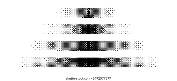 Halftone horizontal gradient border set. Black long dotted frame or divider collection. Pixelated rectangle decoration element for banner, poster, advertisement, card, cover. Vector