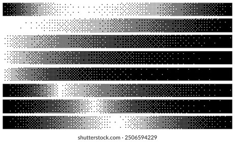 Halftone Horizontal Gradient Fade Effect Borders. Black Dither Pixel Banner. Pixelated Rectangle Decoration Element for Graphic Design. Vector Illustration.