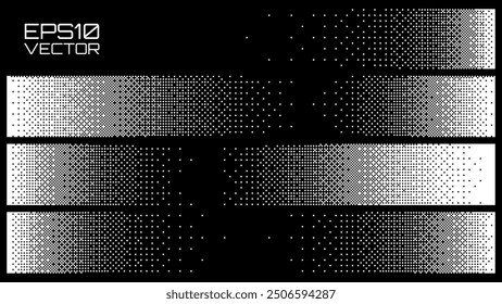 Halftone Horizontal Gradient Fade Effect Borders. Black Dither Pixel Banner. Pixelated Rectangle Decoration Element for Graphic Design. Vector Illustration.