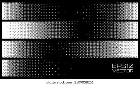Halftone Horizontal Gradient Fade Effect Borders. Black Dither Pixel Banner. Pixelated Rectangle Decoration Element for Graphic Design. Vector Illustration.