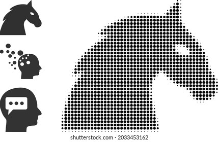 Halftone horse head. Dotted horse head made with small round pixels. Vector illustration of horse head icon on a white background. Halftone pattern contains round pixels.