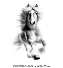Halftone horse illustration,2026,vintage comic book style, black and white dots, stylized horse portrait isolated on white background, retro print texture, graphic design element, pop art inspiration.