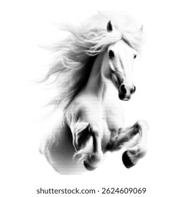 Halftone horse illustration,2026,vintage comic book style, black and white dots, stylized horse portrait isolated on white background, retro print texture, graphic design element, pop art inspiration.