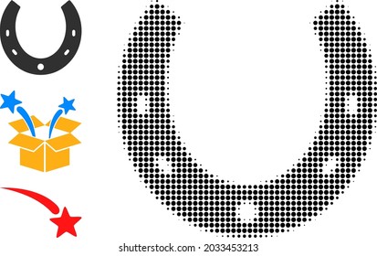 Halftone horseshoe. Dotted horseshoe generated with small circle items. Vector illustration of horseshoe icon on a white background. Halftone array contains circle pixels.