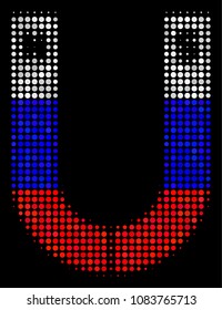 Halftone Horseshoe Magnet icon colored in Russia official flag colors on a dark background. Vector mosaic of horseshoe magnet icon made with circle spots.