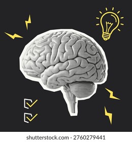 Halftone human brain with lightning bolts, checklist and lightbulb. Concept of ideas, focus, productivity, mental energy, science and neurodiversity.