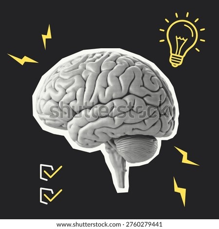 Halftone human brain with lightning bolts, checklist and lightbulb. Concept of ideas, focus, productivity, mental energy, science and neurodiversity.