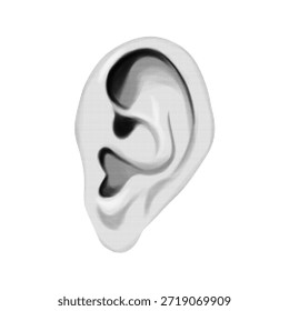 Orelha humana de meio-tom isolada sobre fundo branco. Conceito de audição, audição, percepção sonora, comunicação e atenção. Ilustração mínima em preto e branco para uso médico e tecnológico.