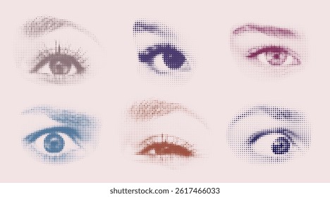 Halftone human eyes collection. Set of trendy collage elements eye sight. Contemporary grunge style.	
