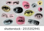 Halftone human eyes and decorative doodle elements art collage set. Trendy dotted cut out stickers. Grunge modern vector illustration