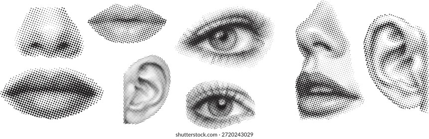 Conjunto de características faciales humanas de medio tono que incluyen ojos, labios, nariz y oreja, Elementos de ilustración con puntos en blanco y negro para arte pop, cómics vintage, diseño editorial y gráficos modernos.