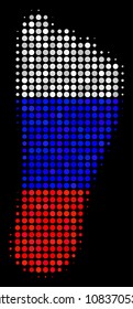 Halftone Human Footprint icon colored in Russia official flag colors on a dark background. Vector mosaic of human footprint icon made from circle pixels.