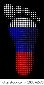 Halftone Human Footprint icon colored in Russia official flag colors on a dark background. Vector composition of human footprint icon organized of round dots.