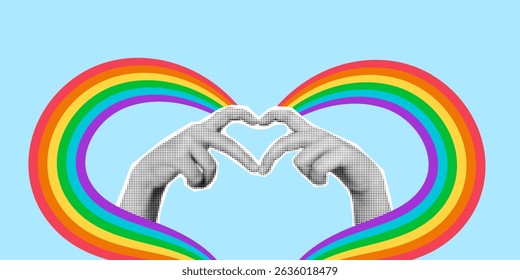 Halftone human hand and rainbow Pride flag heart shape isolated on blue background. Trendy collage cut out paper element for Pride Month banner, poster, card. Vector finger heart gesture