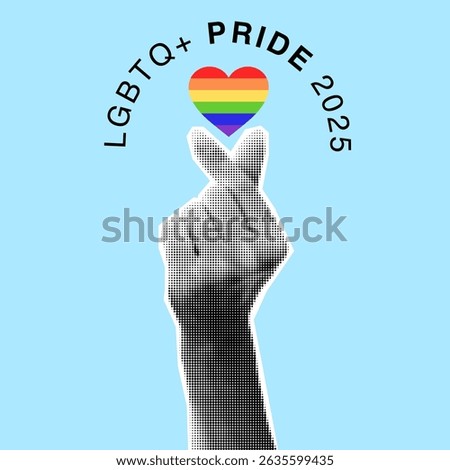 Halftone human hand and rainbow Pride flag heart shape isolated on blue background. Trendy collage cut out paper element for Pride Month banner, poster, card. Vector k-pop finger heart gesture