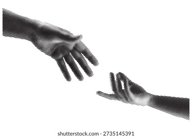 Halftone Human Hands Reaching Each Other – Abstract Connection Concept Vector Illustration