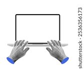 Halftone human hands working on a laptop computer with a blank screen (PC mockup with an empty display) for a website, demo or product advertisement. isolated on transparent background.